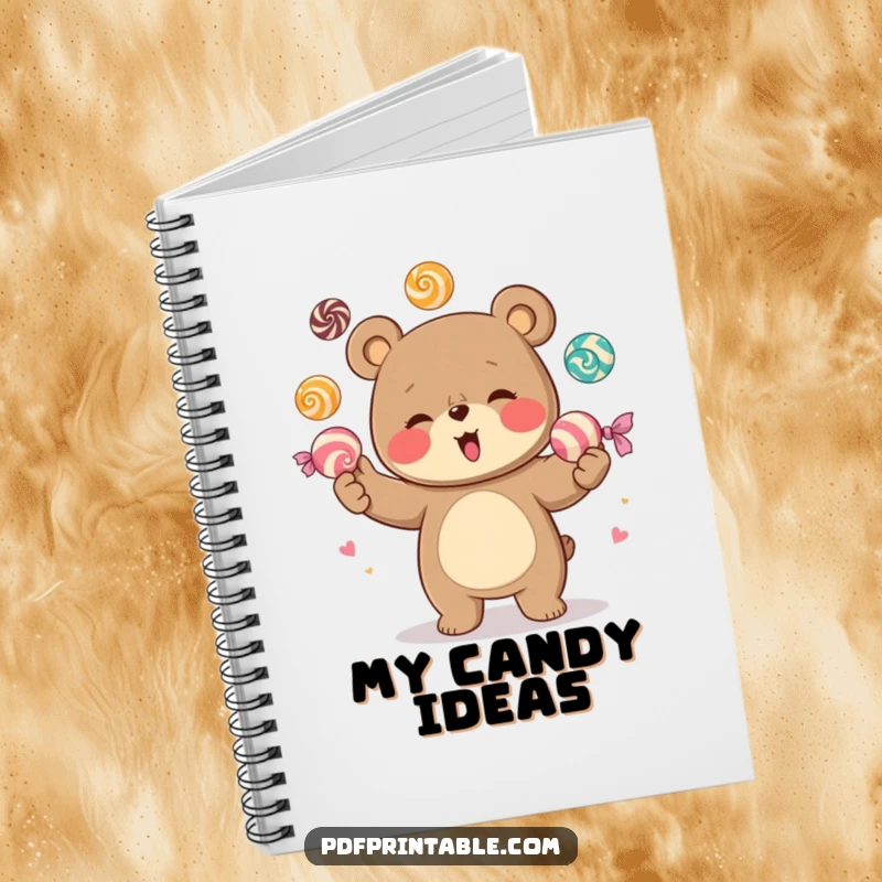 Funny notebook cover design featuring a giggling bear character happily juggling a vibrant array of oversized candies, inspiring sweet thoughts.