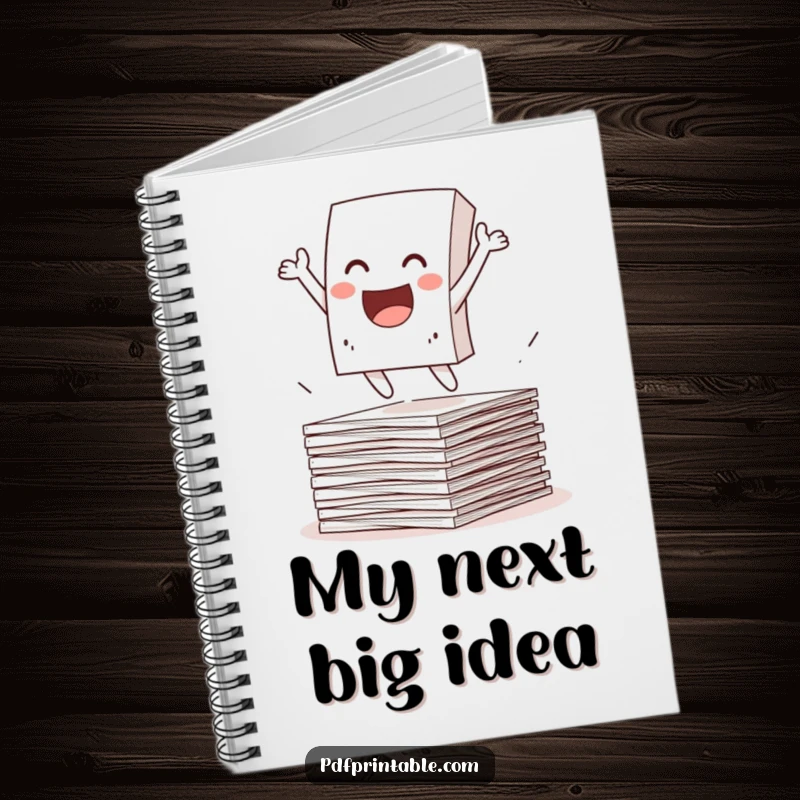 Funny Notebook with an excited paper character joyfully leaping from papers. Great for notes, journaling, and capturing fleeting ideas.