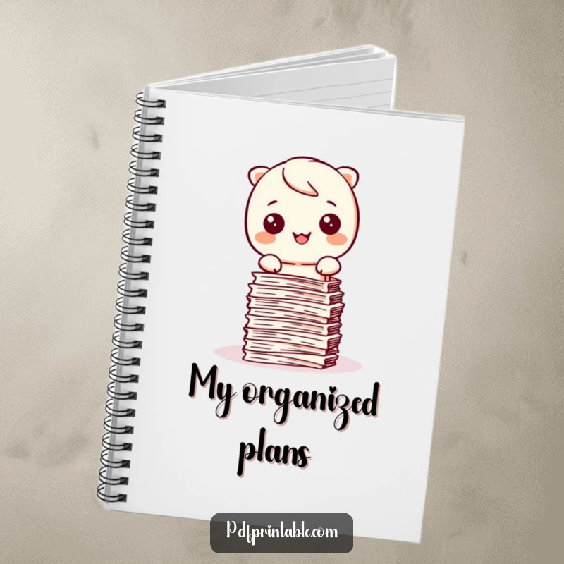 Funny Kawaii character happily stamping papers into a neat stack on a notebook, perfect for organized planning.