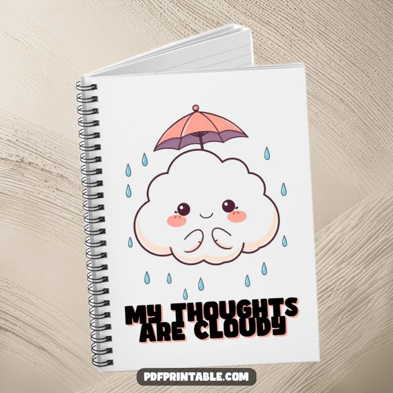 Funny Notebook: A notebook cover with a cute cloud character holding an umbrella and catching raindrops, ideal for jotting thoughts.