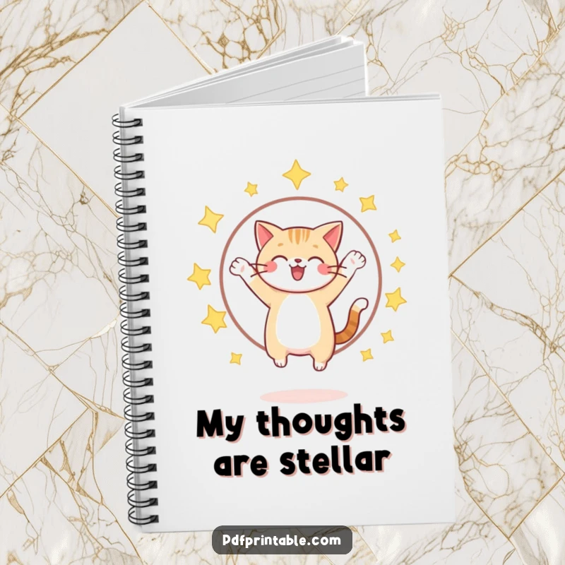Funny cat jumping through a sparkling star hoop on a notebook cover, ideal for jotting down magical and funny thoughts.