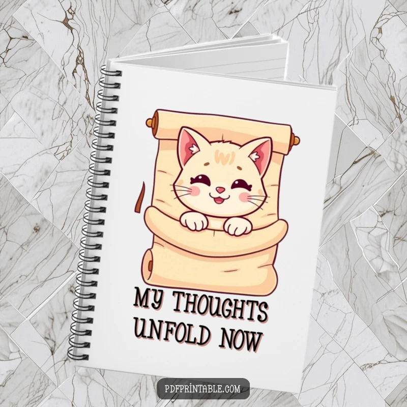 Funny Cat Scroll Notebook with a smiling cat peeking out from a large, unrolled scroll, perfect for journaling and note-taking.