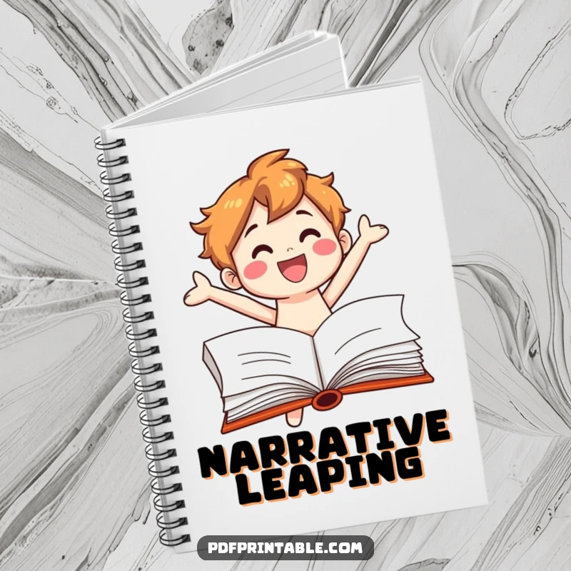 Funny Notebook: A smiling book character leaping from a page, inspiring creative writing and journaling with literary flair.