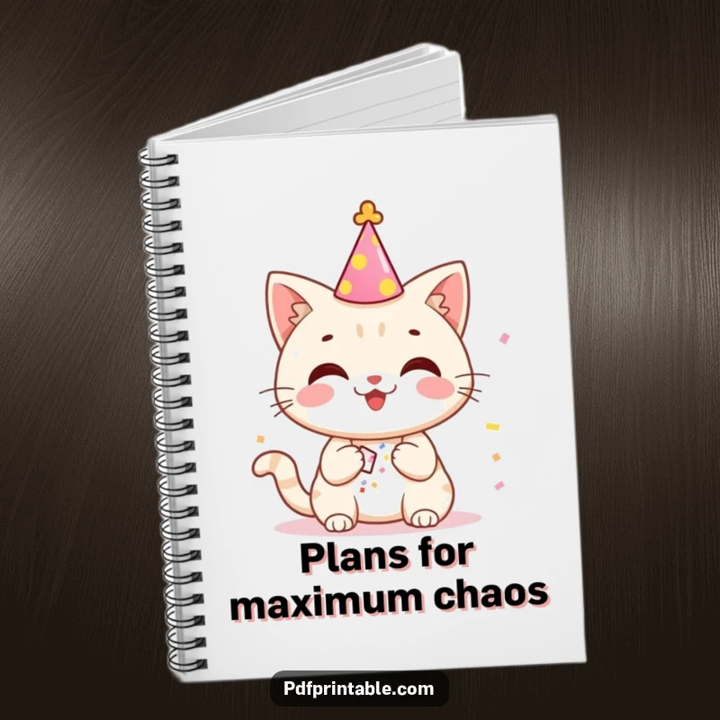 Funny cat wearing a party hat, releasing confetti, on a notebook cover, ideal for jotting down fun ideas.
