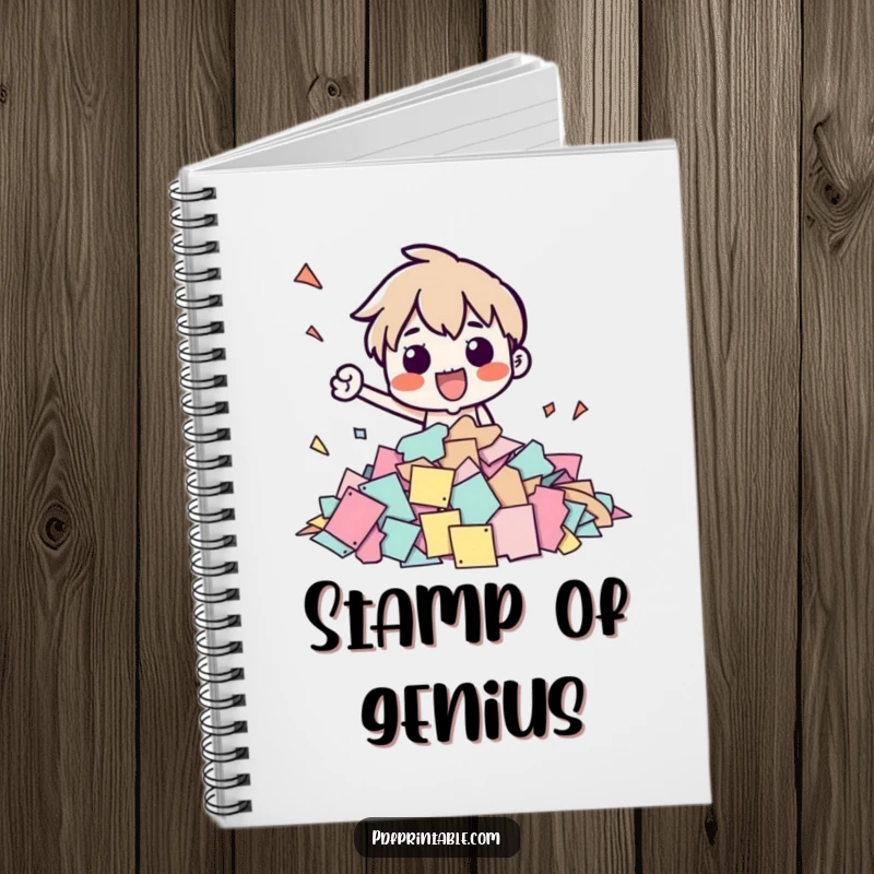 Funny notebook with a character stamping papers, a humorous stationery item for note-taking, perfect for students and professionals.