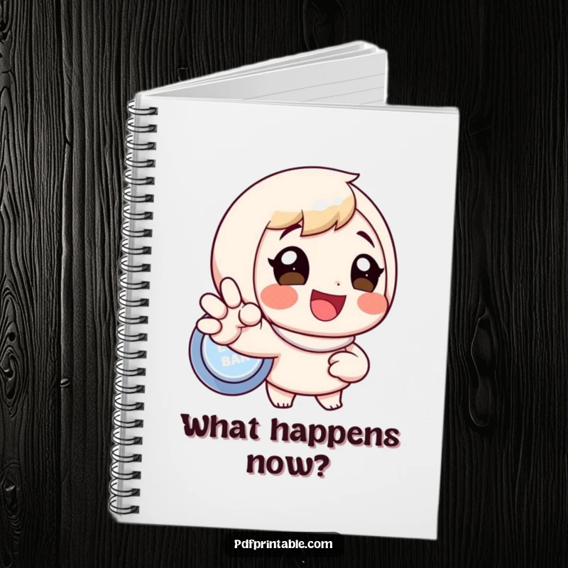Funny notebook with a smiling character leaning in to press a big button, signifying inspiration and action, excellent funny gift.