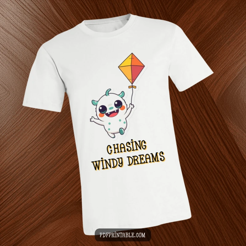 Funny T-Shirt: A cheerful monster character holding a colorful kite in mid-flight, perfect for a playful and fun look.