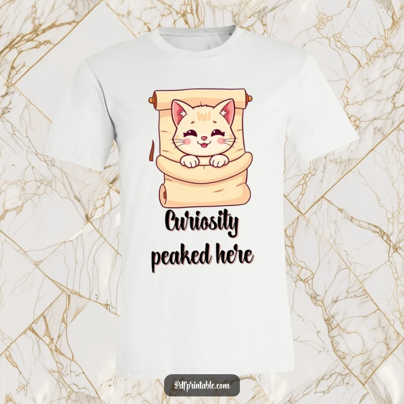 Funny Cat Scroll T-Shirt with a smiling cat peeking out from a giant, unrolled scroll, showcasing adorable feline mischief.