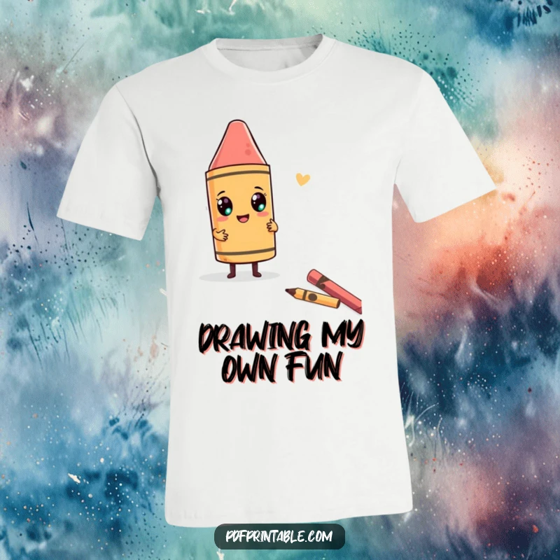 Funny T-Shirt showing a character using an oversized crayon to draw a silly, abstract, and funny shape with enthusiasm.