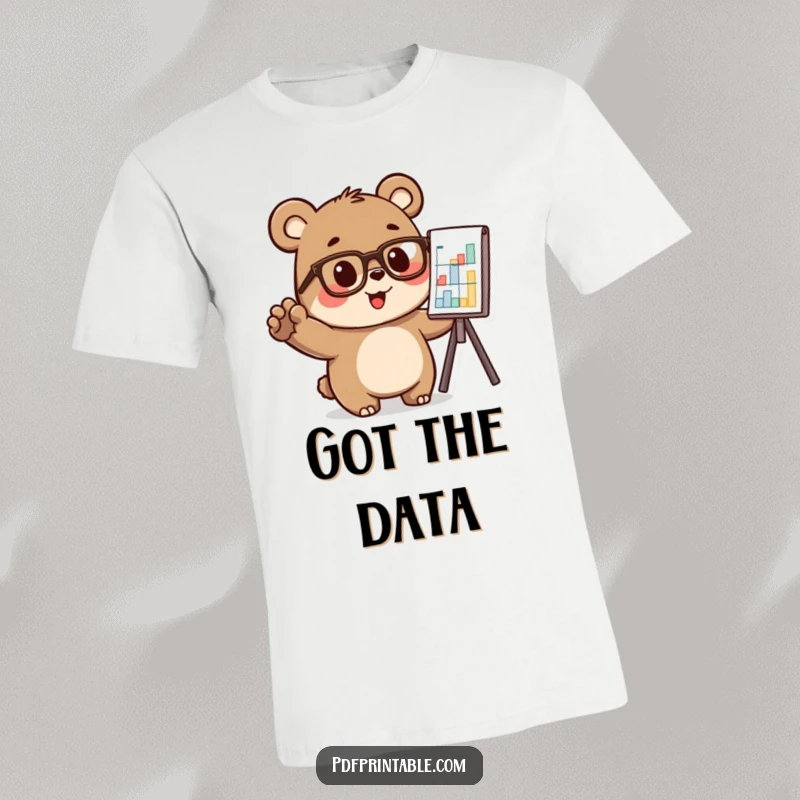 Funny bear character wearing glasses, excitedly pointing at a chart, printed on a t-shirt, great funny gift.