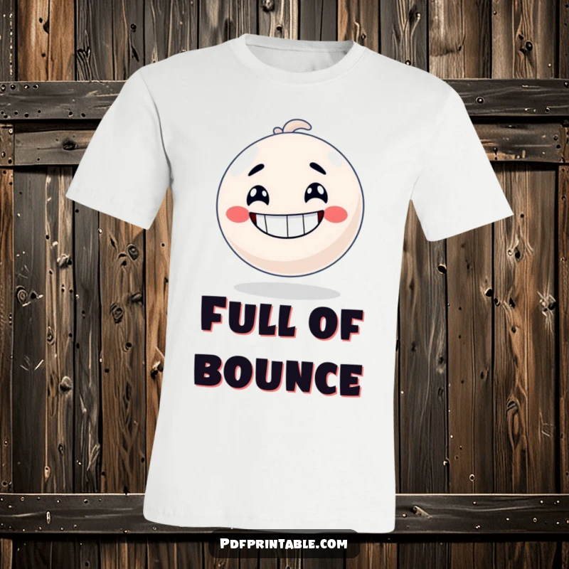 Funny T-Shirt with a grinning bouncy ball character about to launch into an energetic bounce, radiating fun.