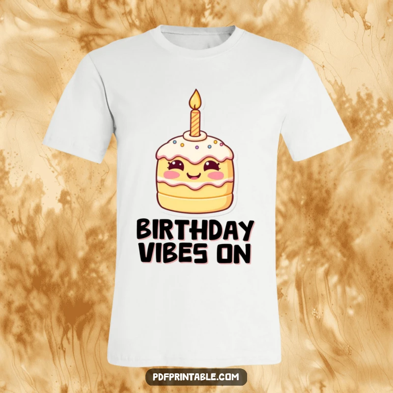 Funny birthday t-shirt showcasing a tiny, smiling cake character with a birthday candle, embodying pure celebratory delight.
