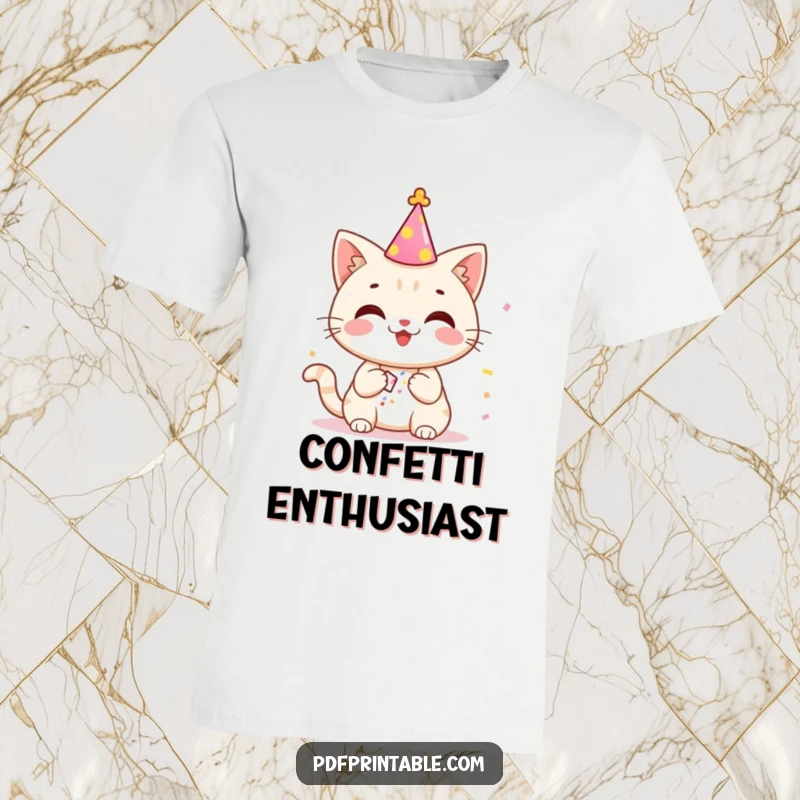Funny cat in a party hat releasing confetti from a popper, exuding pure joy and celebratory spirit on a t-shirt.