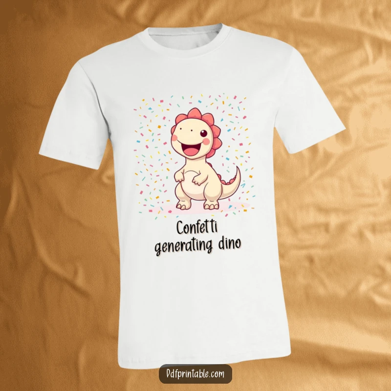 Funny kawaii dinosaur character joyfully printing a large, colorful confetti pattern, a humorous and festive graphic tee.
