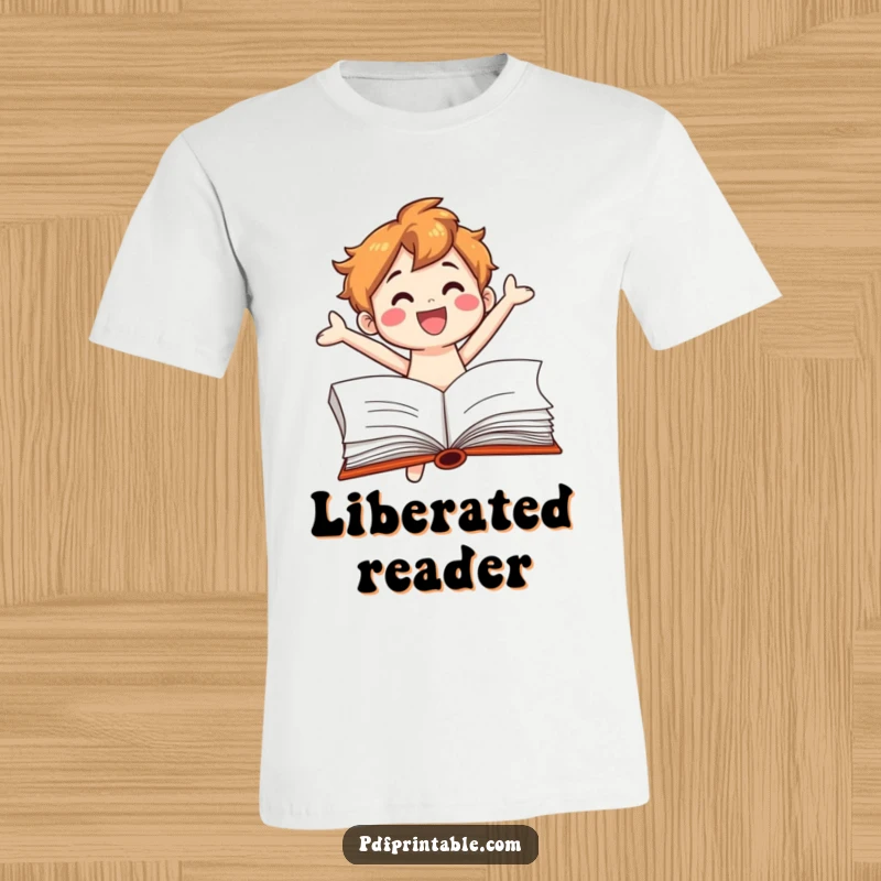 Funny T-Shirt: A cheerful book character jumping with excitement out of a printed book page, embodying literary fun.