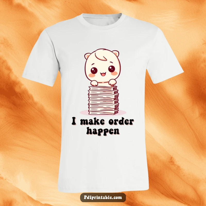Funny Kawaii character happily stamping a pile of paper into a neat stack, a fun and tidy t-shirt.