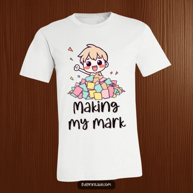 Funny t-shirt of a character joyfully stamping a mountain of paper shapes, perfect for office humor and a funny gift.