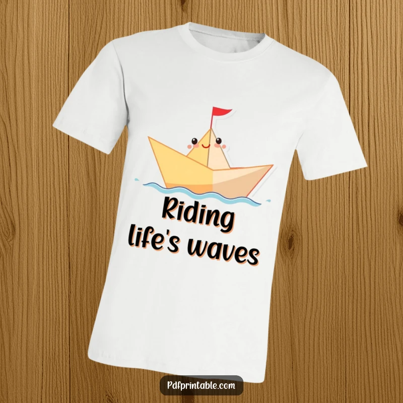 Funny T-Shirt showing a happy paper boat character sailing joyfully along a wavy blue line, symbolizing carefree adventure.