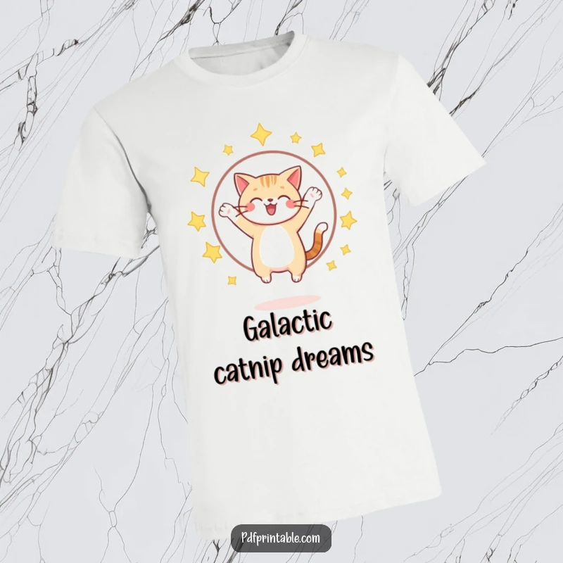 Funny cheerful cat leaping through a hoop of sparkling stars on a t-shirt, celebrating imagination and feline grace.