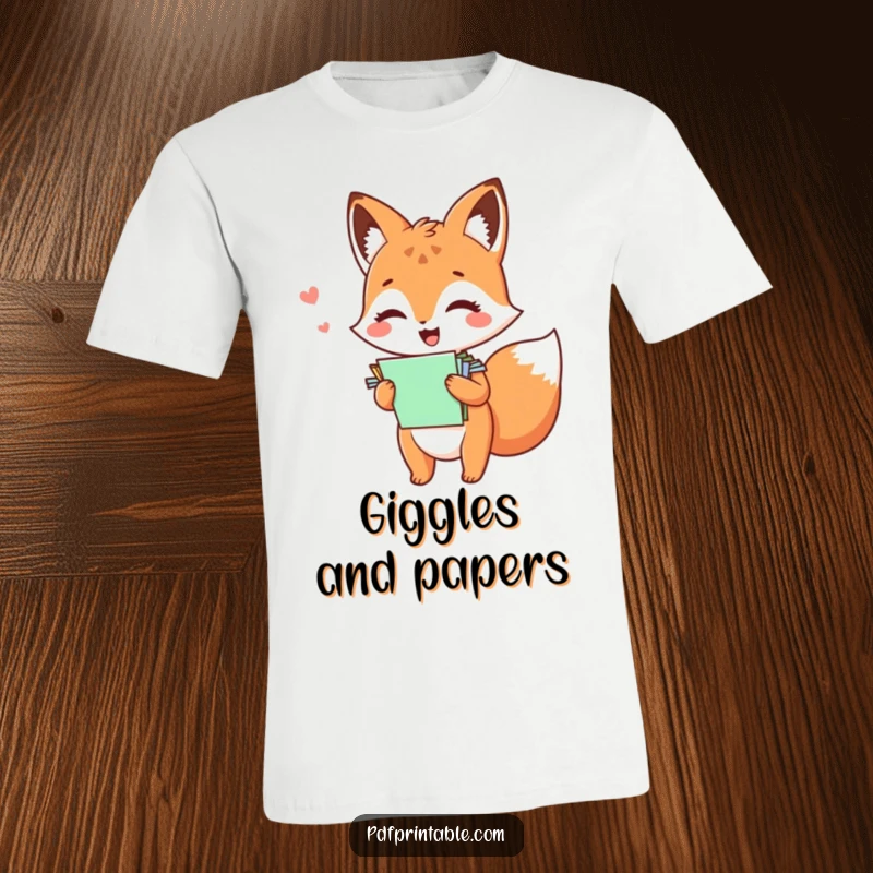 Funny kawaii fox giggling with papers, printed on a comfortable and amusing t-shirt.