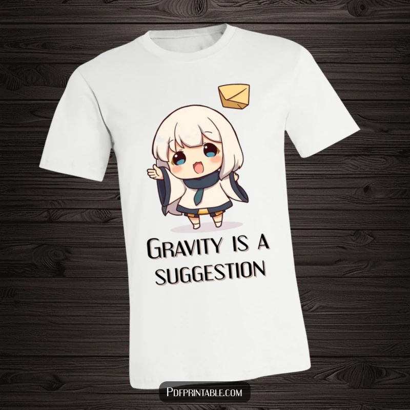 Funny T-Shirt: Character gleefully tossing a small folded paper object, depicting pure joy and carefree playfulness, a lighthearted funny gift.