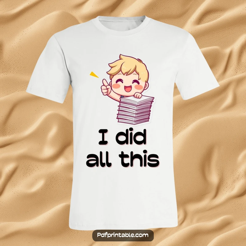 Funny Pointing Papers T-Shirt with a smiling character energetically pointing at a stack of papers, showcasing achievement.