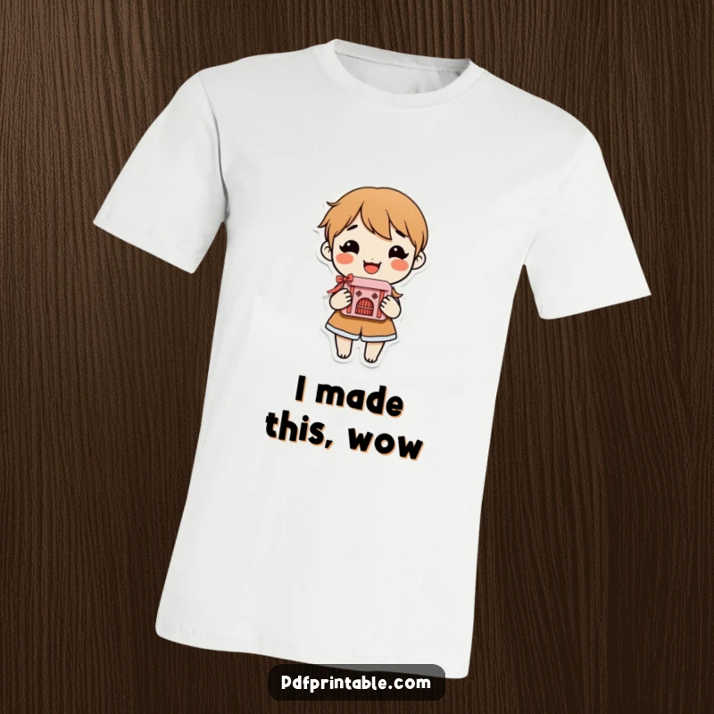 Funny T-Shirt of a smiling character beaming while holding a complex and beautiful finished paper craft, celebrating artistic accomplishment.