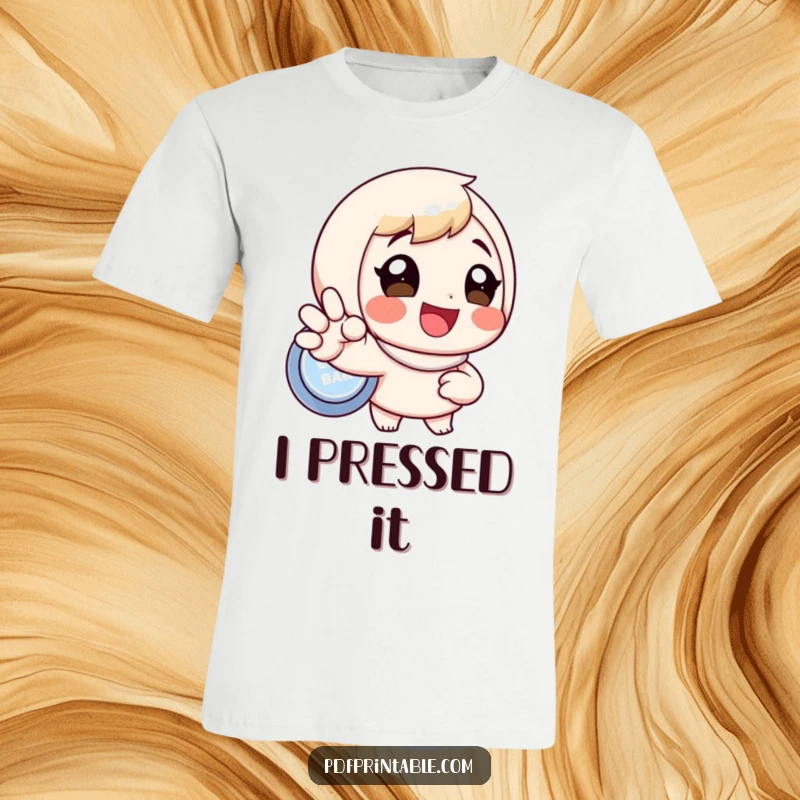 Funny t-shirt featuring a grinning character gleefully pressing a large button, capturing pure excitement and anticipation, great funny gift.