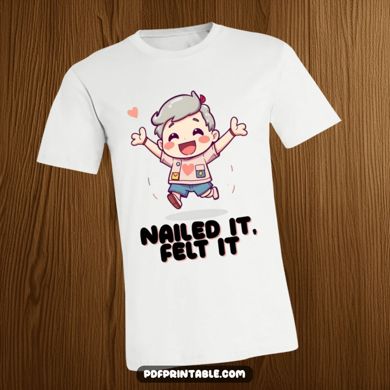 Funny T-Shirt depicting a character energetically bouncing with excitement after completing a fun and rewarding project.