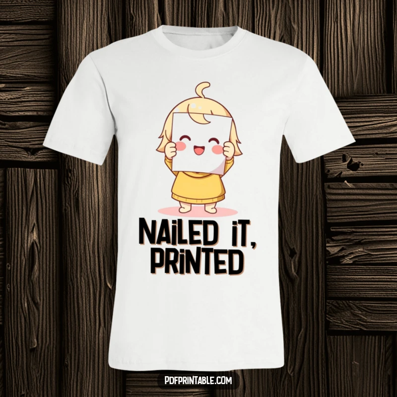 Funny t-shirt depicting a cute character triumphantly holding a printed page, symbolizing achievement and happiness.