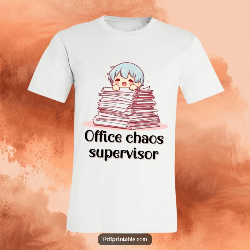 Funny t-shirt with a character comically tumbling from an immense pile of papers, capturing the essence of office overwhelm and stress.