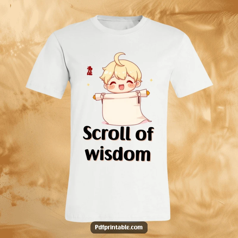 Funny Scroll Unrolling T-Shirt featuring a cute character joyfully unrolling a long scroll, perfect for announcements.