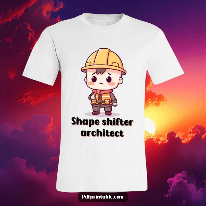 Funny t-shirt showcasing a character wearing a small construction hat and building with geometric shapes, perfect for creators.