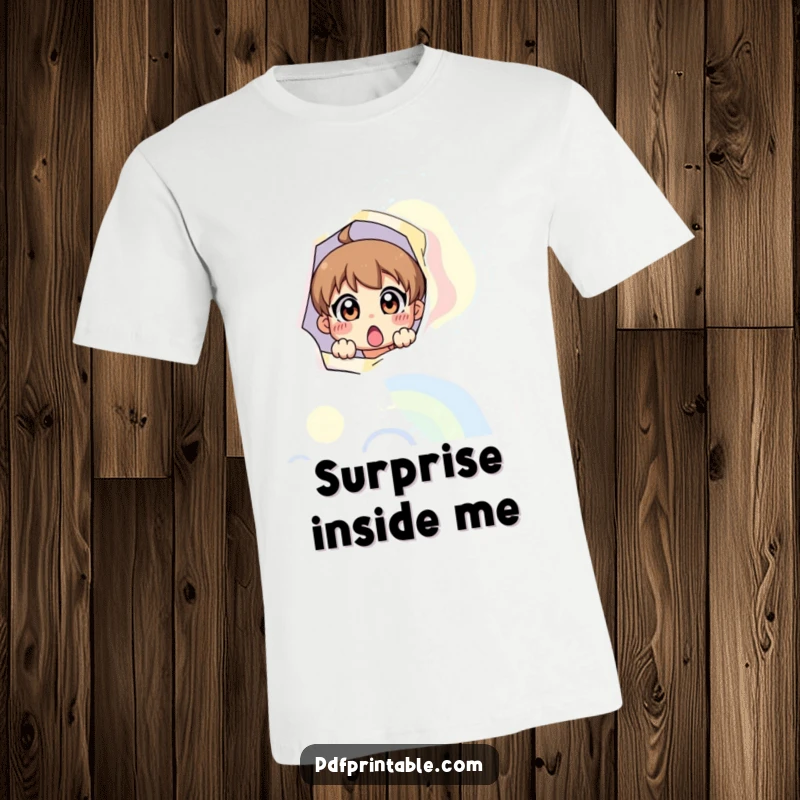 Funny t-shirt featuring a surprised character peeking from a large, vibrant printable page, capturing playful wonder.