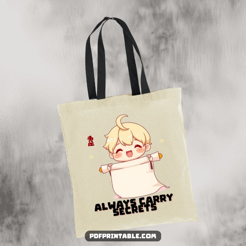 Funny Scroll Tote Bag showcasing a cute character joyfully unrolling a long scroll, perfect for carrying creative projects.