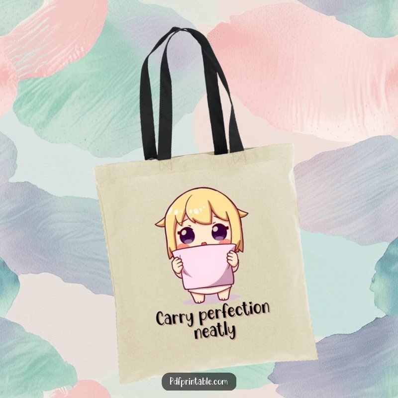 Funny Folded Shape Tote Bag showing a character with a surprised expression holding up a perfectly folded shape, perfect for carrying creations.