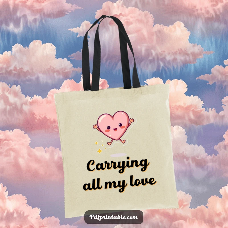 Funny tote bag featuring a dynamic jumping heart character leaving a trail of bright sparkles, perfect for everyday use.