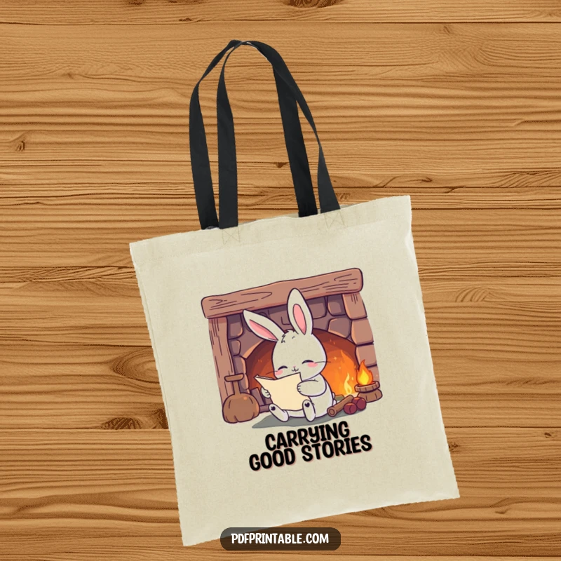 Funny Tote Bag: A content rabbit reads by a cozy fireplace, perfect for carrying books and essentials with a touch of literary warmth.
