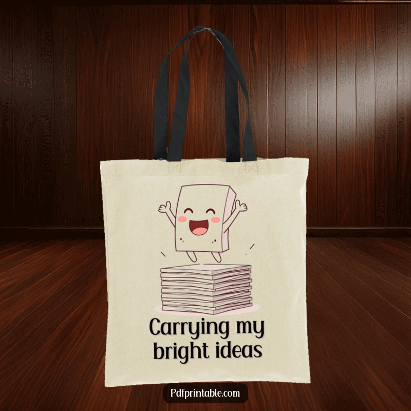 Funny Tote Bag showcasing a happy paper character leaping from a stack of papers. Practical and humorous accessory for office life.