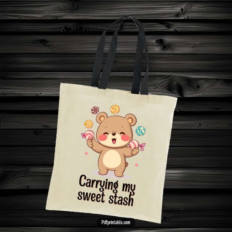 Funny tote bag showcasing a giggling bear character in the act of juggling a delightful assortment of oversized, colorful candies, embodying playful energy.
