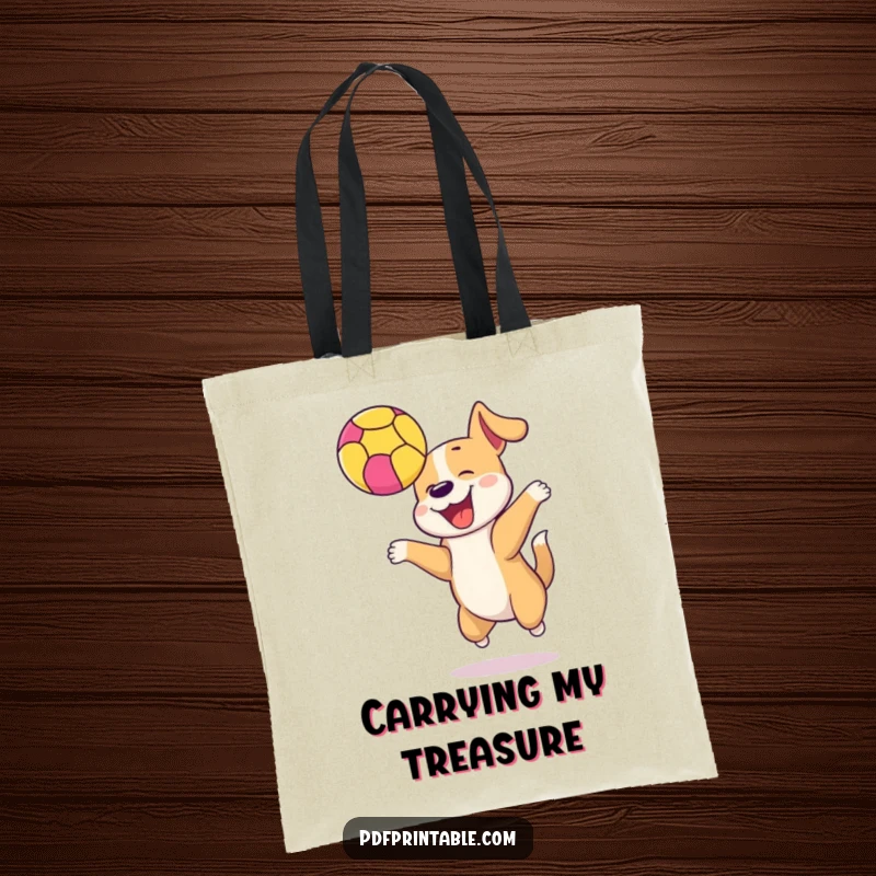 Funny happy dog bouncing a colorful ball high in the air on a durable tote bag, perfect for carrying essentials and joy.