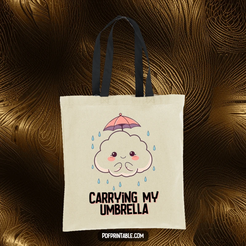 Funny Tote Bag: A tote bag showcasing a cute cloud character with a tiny umbrella, happily catching raindrops, practical and cute.