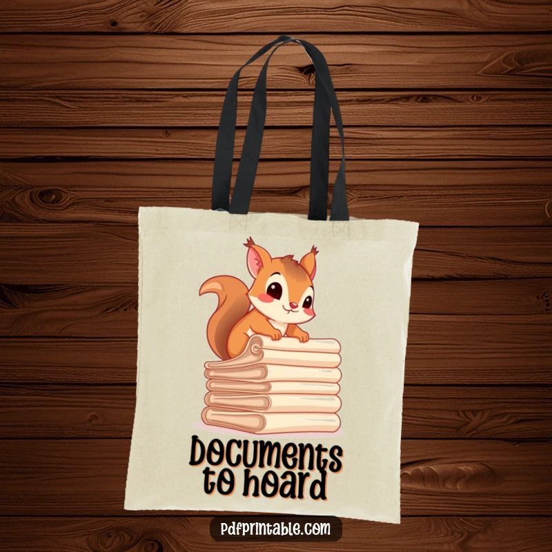 Funny squirrel character laboriously climbing a stack of rolled documents on a tote bag, emphasizing effort and humor.