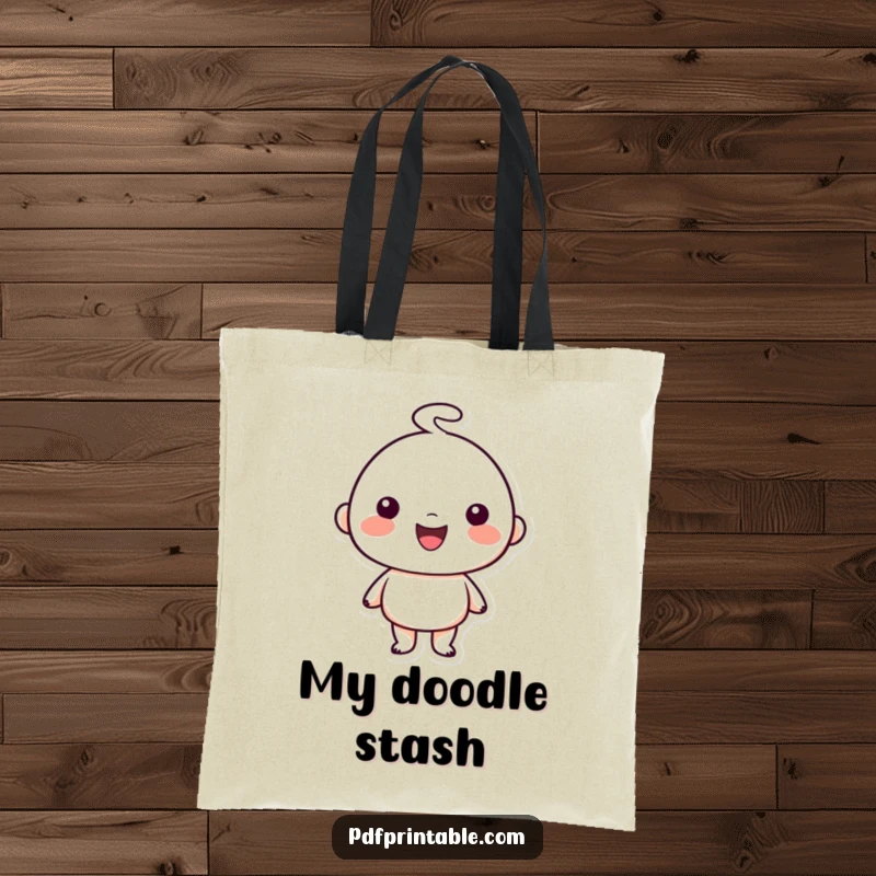 Funny Tote Bag: Happy character proudly showing off a simple charming doodle artwork, symbolizing creativity and artistic expression, a functional funny gift.