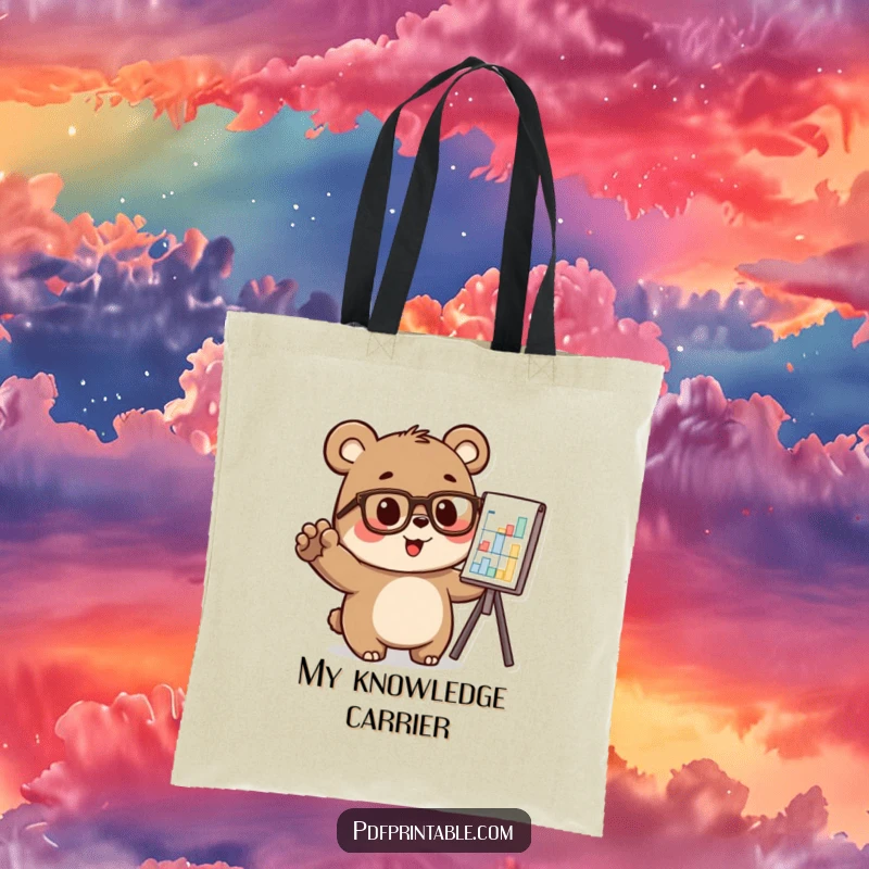 Funny bear character in glasses pointing at a chart, on a tote bag, great funny gift.