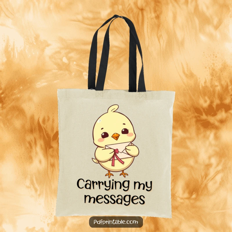 Funny Bird Letter Tote Bag showcasing a cheerful bird character carrying a tiny, folded letter with a ribbon, perfect for carrying daily items.