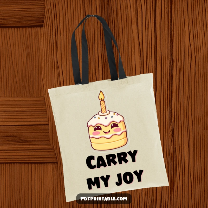 Funny birthday tote bag showcasing a tiny, smiling cake character with a birthday candle, perfect for carrying essentials with cheer.