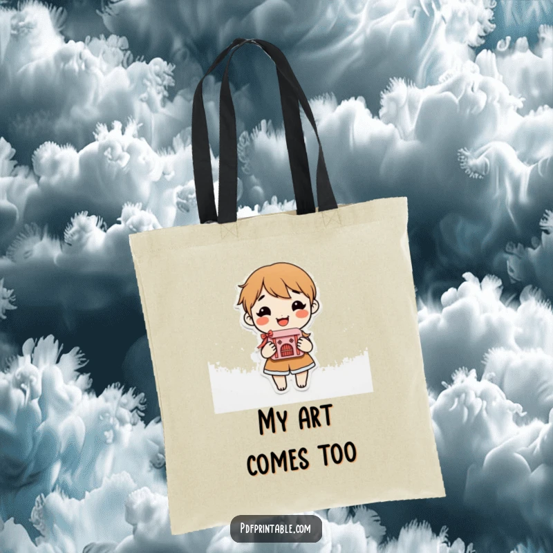 Funny Tote Bag with a smiling character proudly holding an intricate and beautiful finished paper craft, highlighting artistic achievement.