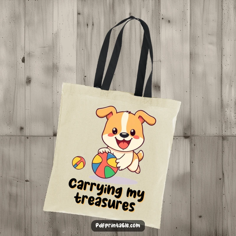 Funny Dog Ball Tote Bag showcasing a happy dog character playfully chasing a bouncing, colorful ball, great for carrying daily items.