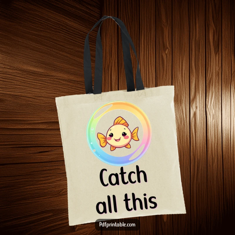 Funny Fish Tote Bag: A smiling fish swims through a rainbow bubble, a vibrant and humorous accessory for carrying items.